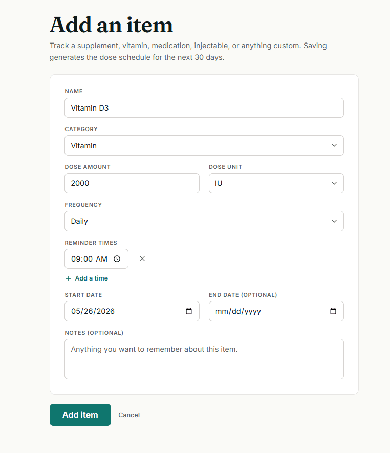 STACK Tracker add item form — name, category, dose, frequency, and reminder time fields.