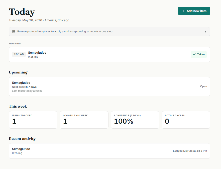 STACK Tracker dashboard — today's scheduled doses grouped by time block.