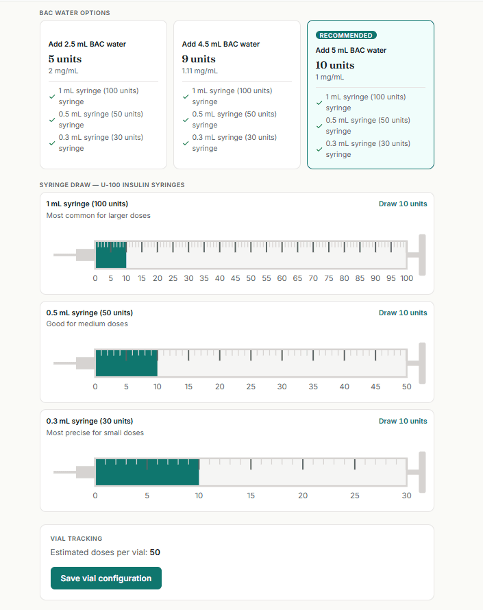 STACK Tracker reconstitution calculator — vial size, BAC water options, and U-100 syringe draw diagrams.